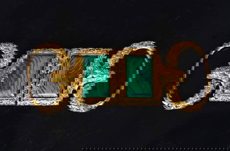 A CHINESE IMPERIAL GILT BRONZE MALACHITE INLAID BELT BUCKLE: Each part of the buckles embellished with a rectangular malachite panel, enclosed within a border decorated with leafy scrolls and auspicious shou motifs and a dragon head suspending a loop. Imperial