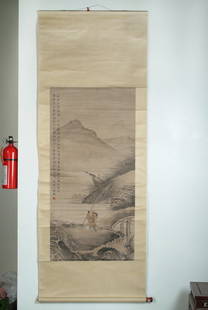 A Chinese painting of "Fisherman": The painting depicts a fisherman heading back with his catches; artist mark "ZHANG FENG". W: 24 3/8 in (62 cm ), H: 50 in (127 cm )