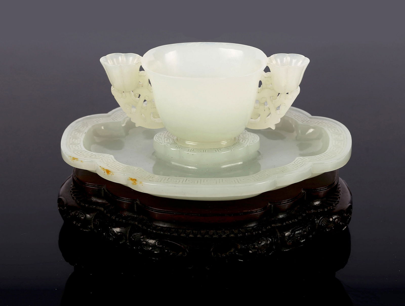A Set of Thinly Carved White Jade Cup and Stand (1 of 7)