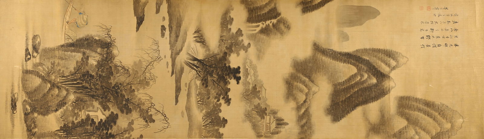 Dong Qichang (attributed to): ink on silk 'landscape in style of Mi Fu': 董其昌(款) 仿米氏山水 水墨絹本 立軸 Dong Qichang (attributed to): ink on silk 'landscape in style of Mi Fu' At