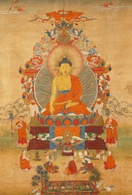 A Tibetan Thangka of the Buddha and Disciples