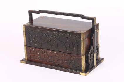 A Chinese Zitan Carved Two Tier Picnic Box