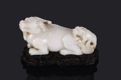 A Large Chinese White Jade Mythical Beast Group
