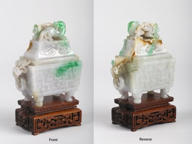 A Fine Tri-Color Jadeite Archaistic Square Censer, Fangding