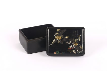 A Chinese Inlaid Zitan 'Prunus and Bamboo' Box