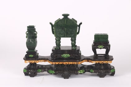 A Chinese Green Jade Incense Garniture Set