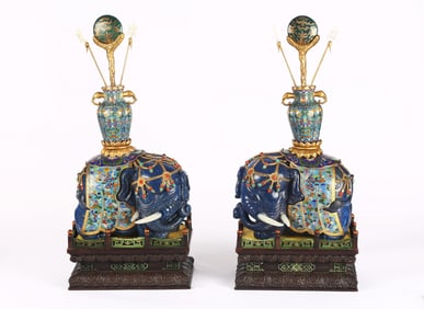 A Pair of Lapis Lazuli Cloisonne Enamel Elephants