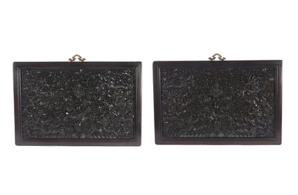 A Pair of Chinese Zitan Carved 'Dragon' Panels