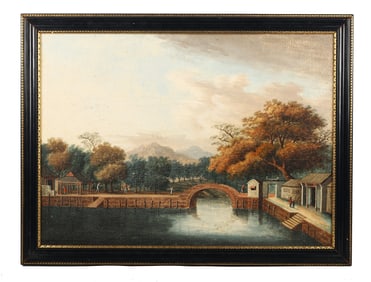 A Chinese Trade 'Canton Riverscape' Exported Oil Painting