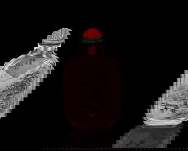 Wang Xisan (B.1938): Crystal Inside Painted 'Snowy Landscape' Snuff Bottle: 王習三(B.1938) 水晶內畫'瑞雪豐年'鼻煙壺 Of flattened rectangular form with fluted sides, the bottle superbly