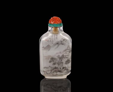 Ding Erzhong(1865-1935): Crystal Inside Painted 'Landscape' Snuff Bottle: 丁二仲(1865-1935) 水晶內畫山水鼻煙壺 Of flattened form, painted inside with a continuous mountain landscape in soft ink tones