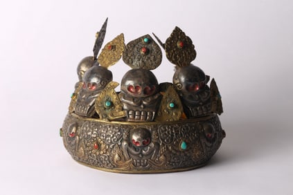 A Tibetan Silver and Inlaid Skull Ritual Crown