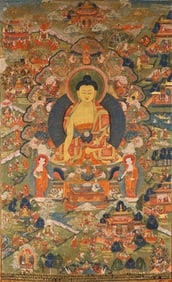 A Very Fine Thangka Depicting the Life of Shakyamuni