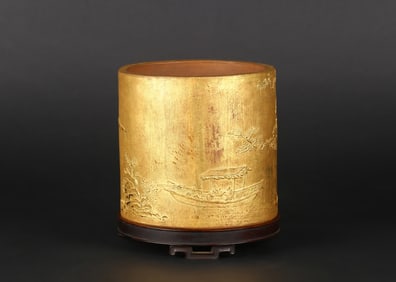 A Yixing Gilt Painted 'Landscape' Brushpot attributed to Yang Jichu