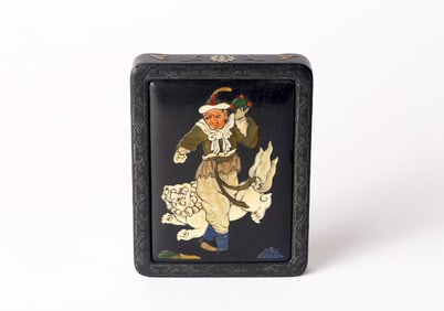 A Rare Zitan Mother of Pearl Inlaid 'Foreigner with Lion' Brush Palette