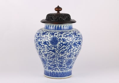 A Large Chinese Blue and White Floral Jar and over