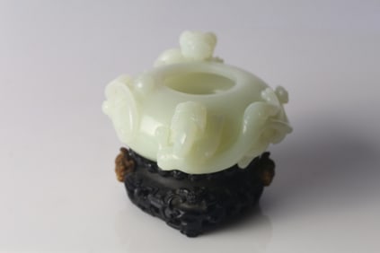 A Fine Chinese White Jade 'Dragons' Washer and Inscribed Zitan Stand