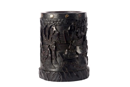 A Rare Zitan Inlaid and Carved Brushpot