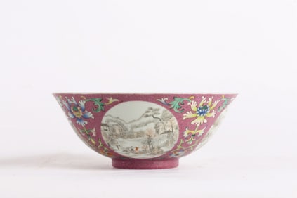A Famille Rose Ruby-Ground Landscape Bowl