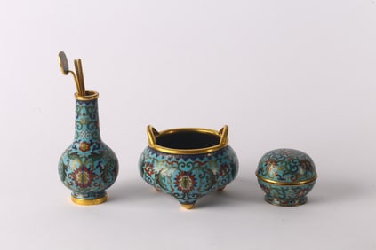 A Chinese Cloisonne Enamel Set of Censer, Vase, and Box