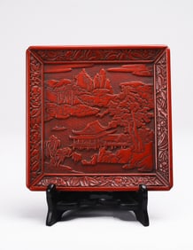 A Cinnabar Lacquer 'Landscape' Square Dish