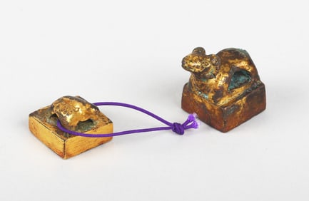 A Group of Two Archaic Chinese Gilt Bronze Seals