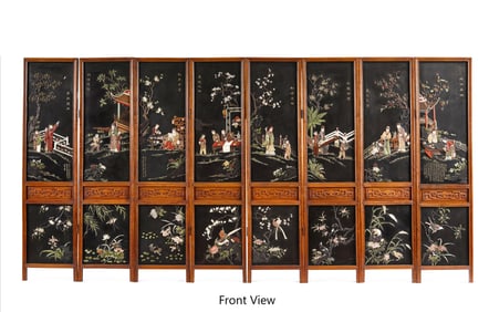 A Hardstone inlaid 'figures' eight panel hardwood screen