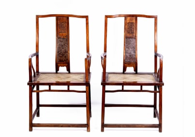 A pair of Huanghuali burlwood inset yoke back chairs