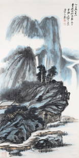 Color and Ink Landscape Attributed to Zhang Daqian: 張大千(款) 山水 設色紙本 立軸 Color and ink on paper. Landscape. Hanging scroll. Inscribed, signed Daqian, with two seal marks o