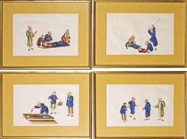 Group of Four Chinese Export Gouache 'Punishment' Paintings