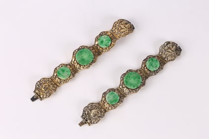 A Pair of Silver and Jadeite Embellished Bracelets