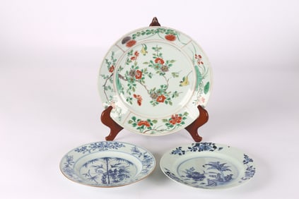 A Set of Three Famille Verte and Blue and White Dishes