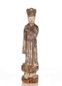 A Chinese Painted Wood Carving of Taoist Immortal