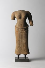 An Ex-Christie's Khmer Angkor Period Gray Sandstone Female Torso