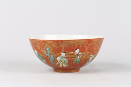 A Chinese Coral Red Ground Famille Verte 'Boys' Bowl