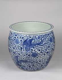 A Very Large Blue and White 'Phoenix and Peonie' Jardiniere