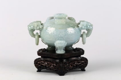 A Jadeite Archaistic 'Phoenix' Tripod Censer and Cover