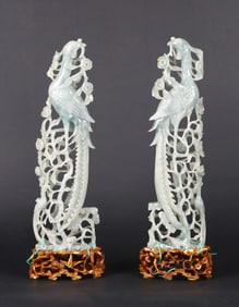 A Pair of Large Chinese Jadeite Carved Phoenix