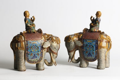 A Pair of Chinese Cloisonne Enamel 'Foreigner' Elephants