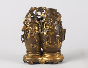 A Chinese Parcil Gilt 'Phoenix and Dragon' Conjoined Vase