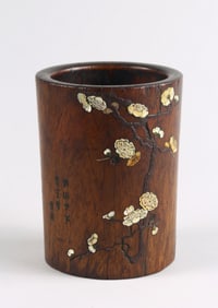 A Huanghuali Inlaid 'Plum Blossoms' Inscribed Brushpot