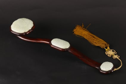 A White Jade Embellished Hardwood Ruyi Scepter