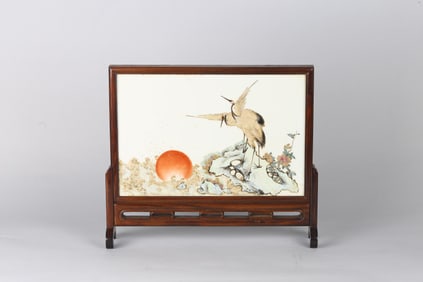 A Famille Rose 'Cranes and Sun' Plaque Table Screen
