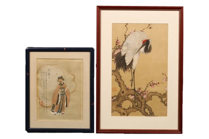 Two Chinese 'Figure' and 'Crane' Paintings