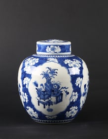A Blue and White 'Flowers and Antiques' Jar