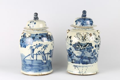 A Pair of Blue and White Jars and Covers