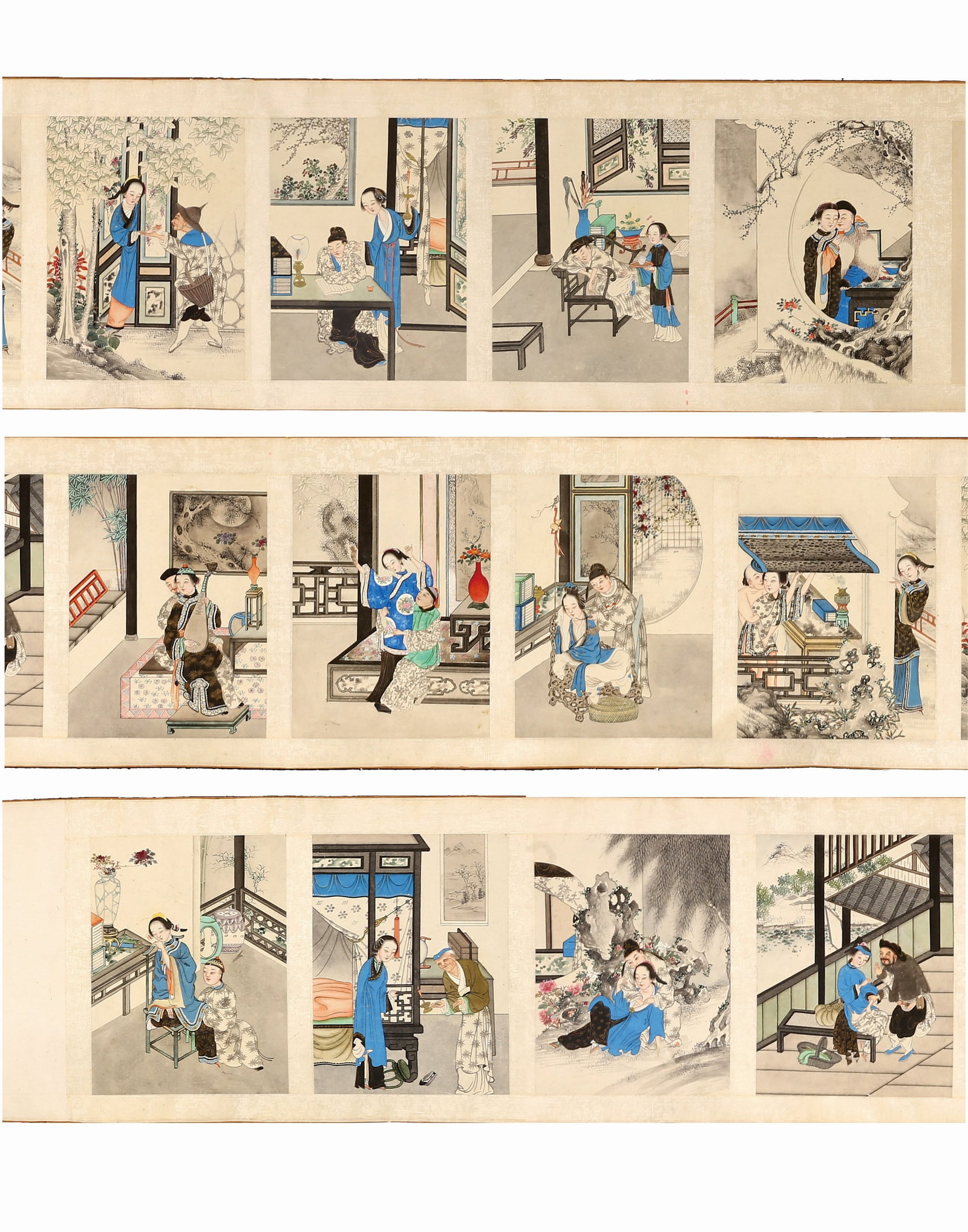 Anonymous: Erotic Scenes and Figures: 清 佚名 仕女人物圖 十一開 設色紙本 手卷 Color and ink on paper. Eleven Erotic scenes and figures.