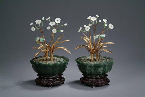 A PAIR OF JADE AND CLOISONNE ORCHID PLANTERS: The pair of beautiful and masterfully created orchid planters were made from white jade, jadeite, jasper, and gilt bronze. Some orchids are fully bloom, while some are still in bulb form. Each planter