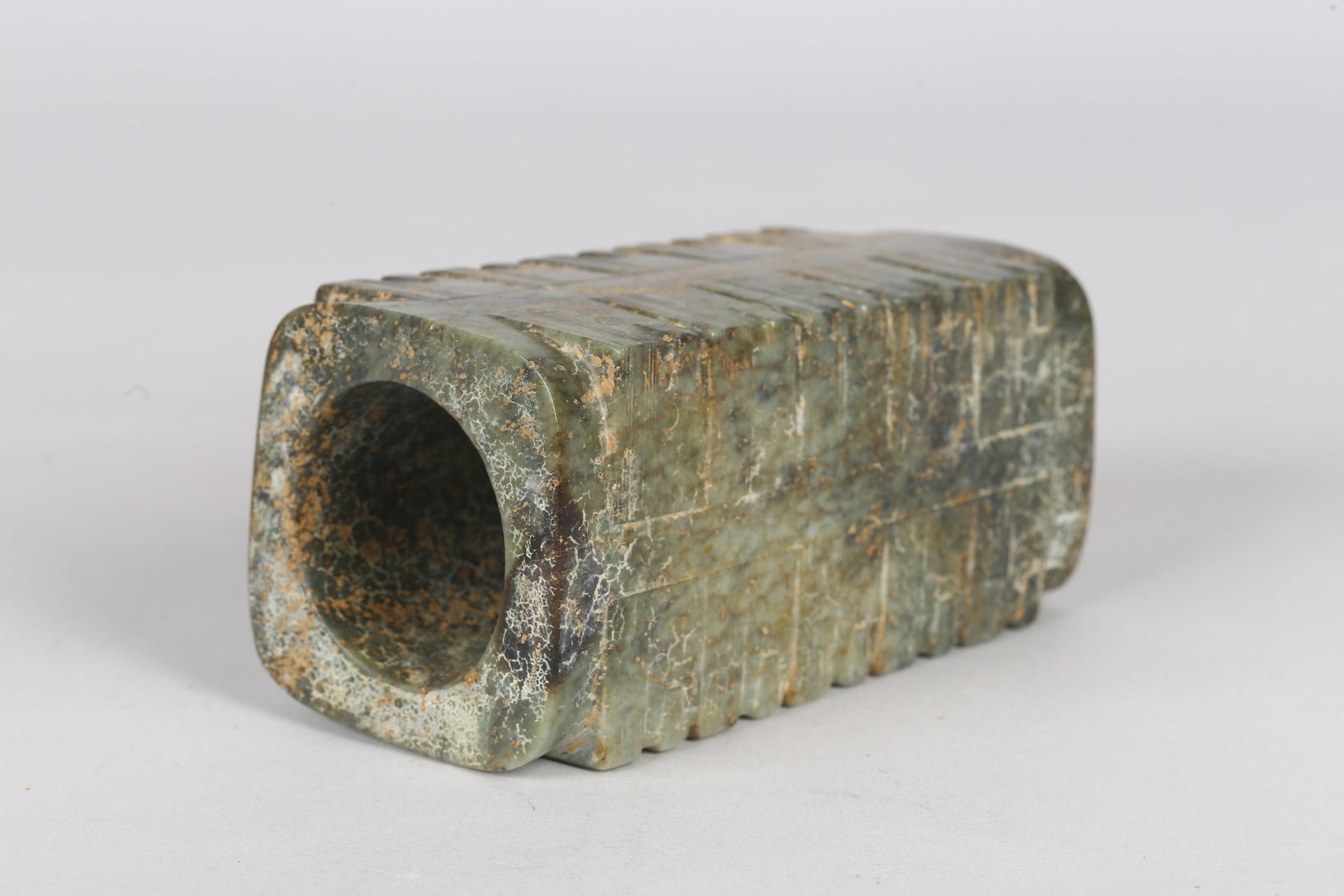 A Large Mottled Green Jade Cong - 10