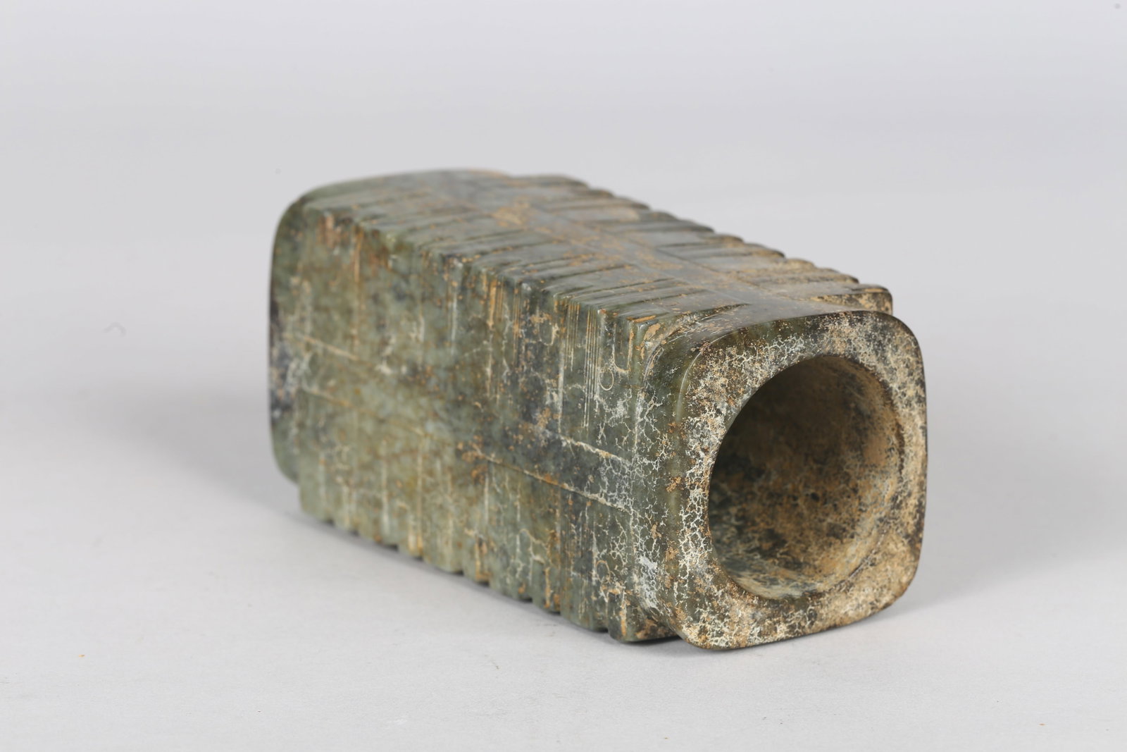 A Large Mottled Green Jade Cong - 11